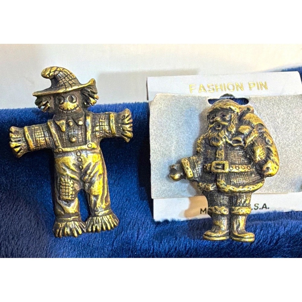 VTG Figural Holiday Pins Lot of 2 Pewter Gold Tone Scarecrow & Santa Claus USA